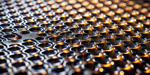 Obraz premium A close view shows a metal surface with circular shapes arranged in a pattern. The lighting creates reflections that highlight the design. This is taken in a studio setting