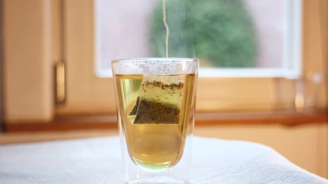 Video of teabag moving in a glass cup of tea.