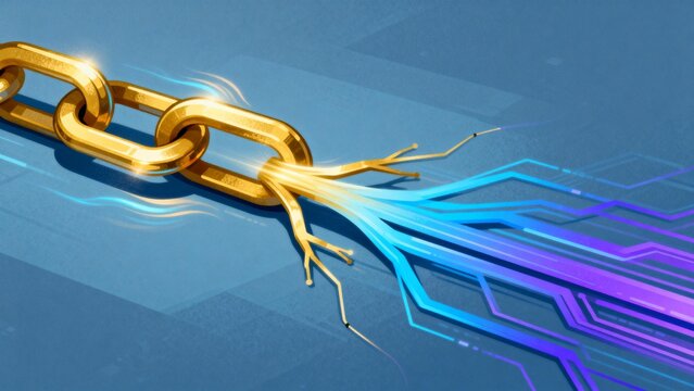 Golden chain with digital roots on blue background
