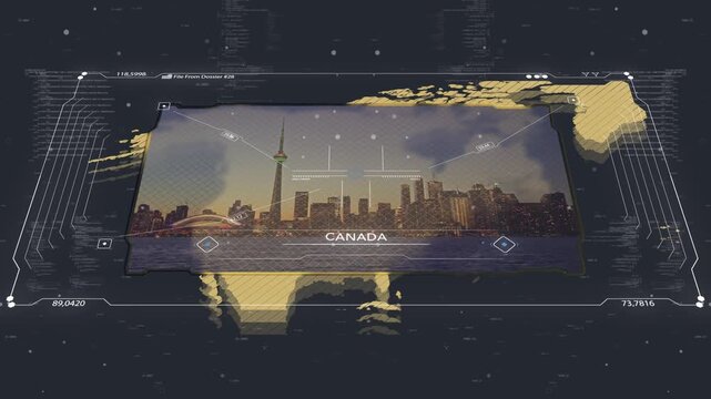 4K 15s 30fps blue and gold HUD intelligence map of Canada with global locator. Geopolitical risk, security briefing, military analysis and crisis report animation.