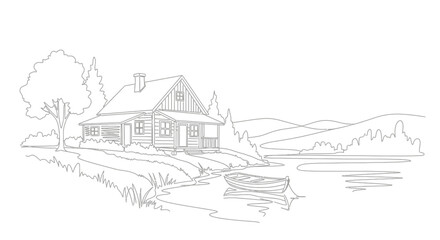 Rustic Log Cabin by Serene Lake with Rowboat, Peaceful Nature Landscape