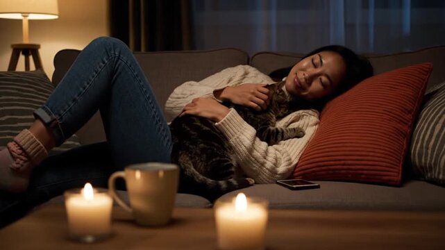 Cozy Evening Scene of Young Asian Woman Napping on Sofa with Pet Cat and Burning Candles on Coffee Table