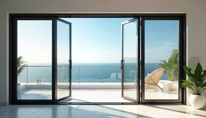 Fototapeta premium Folding glass doors open onto a bright balcony with a wide ocean view. A modern chair and plants are on the terrace. The blue sea and sky create a serene seascape backdrop.