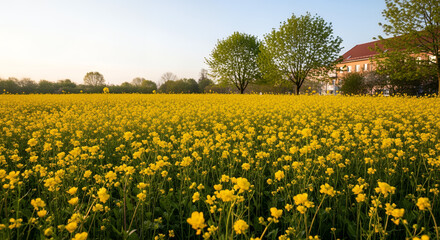 Fototapeta premium Vibrant yellow flowers blooming in a serene field with trees and buildings