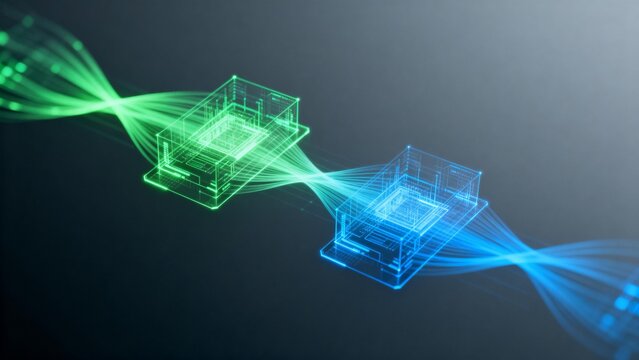 Two glowing digital building models connected