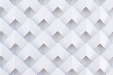 Fototapeta premium The scene shows a flat surface covered with white triangles arranged in a repeating pattern. The design creates a visual texture that gives depth. This artwork highlights simple shapes