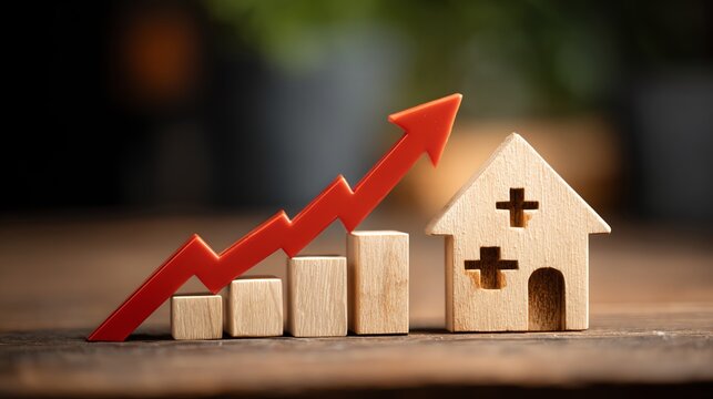 Illustration of a home symbolizing real estate growth, depicted by a rising graph and wooden house model. Ideal for financial industry, investment, and property market themes.