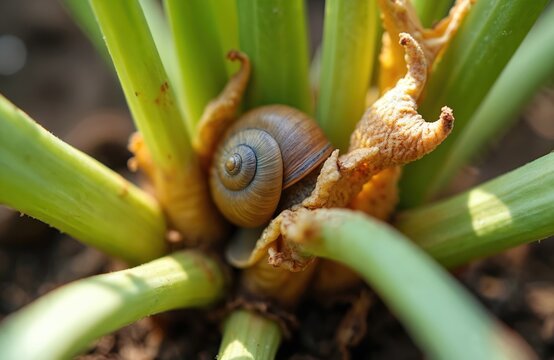 Snail rests on damaged plant stem outdoors. Green leaves show signs of decay and disease. Close up macro view of garden pest on wilting vegetation.