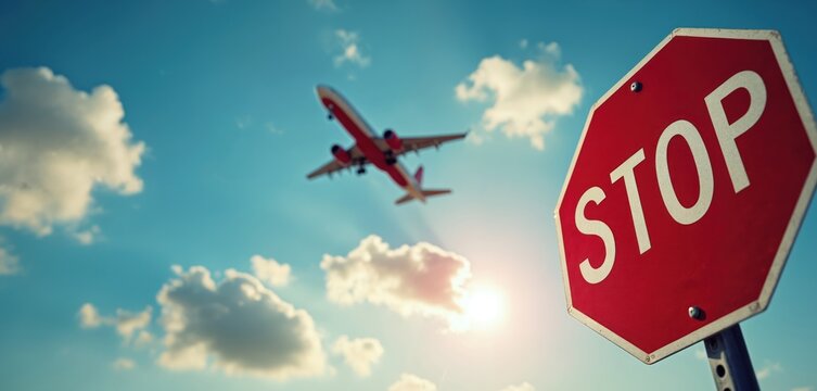 Red stop sign stands against a blue sky with clouds. An airplane flies overhead. Represents travel bans and limitations. Symbolizes restrictions in air travel.