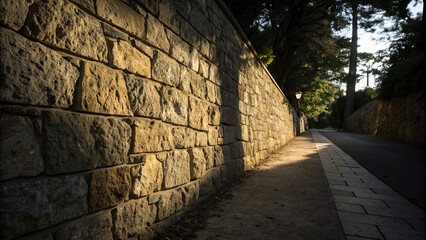 A stone wall lines a pathway as the sun sets, casting shadows on the ground and highlighting the texture of the stones. A lamp stands softly lit