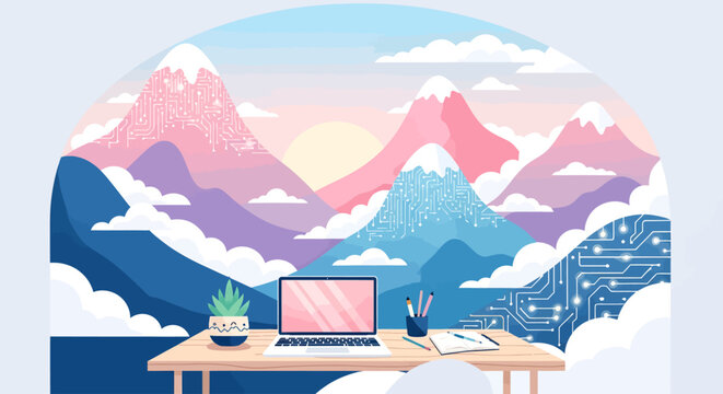 Stylized illustration of a serene workspace with a laptop on a desk, set against a vibrant, layered mountain landscape with a sunrise and subtle tech patterns.