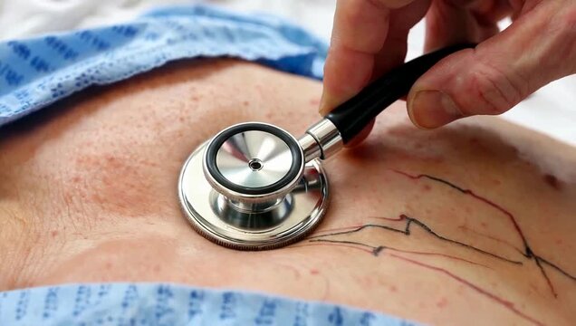 Doctor's hand uses stethoscope on patient's chest