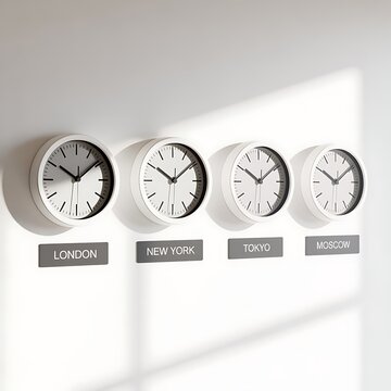 Four clocks displaying different times mounted on a white wall with city labels