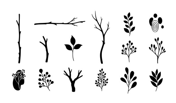 Black twig silhouette set minimal botanical vector branches