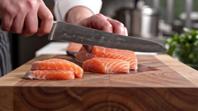Chef Cutting Salmon Fillets on Wooden Board