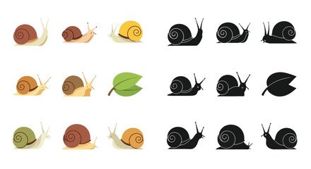 Collection of stylized snail illustrations in various colors and poses, alongside silhouette versions and a green leaf. © Airwj