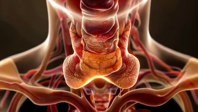 Close-up of glowing thyroid gland with blood vessels