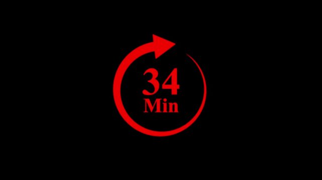 Animated red circular timer counts down from 34 minutes, with a progress arrow, on black background.timer concept  video animation with red arrow on black background. 