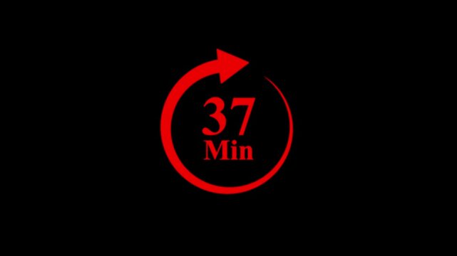 Animated red circular timer counts down from 37 minutes, with a progress arrow, on black background.timer concept  video animation with red arrow on black background. 