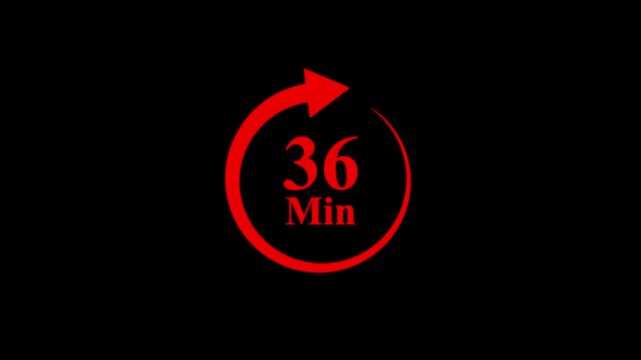 Animated red circular timer counts down from 36 minutes, with a progress arrow, on black background.timer concept  video animation with red arrow on black background. 