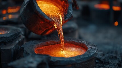 Pouring molten metal into mold, microstructure analysis context for metallography sample preparation and casting defect study.