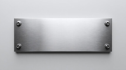 Blank brushed metal plate with screws mounted on a light background, symbolizing minimal industrial design and empty signage.