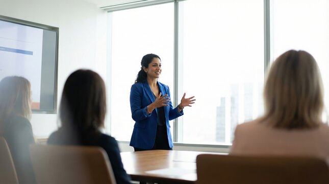 Indian woman team leader giving expressive presentation to colleagues in modern conference room, confident gesture and engaged audience in natural light