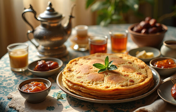 Algerian breakfast with stack of msemen flatbread served with mint tea, jam and dates. Enjoying sweet pastry with hot beverage in morning light. Traditional food and cultural experience.