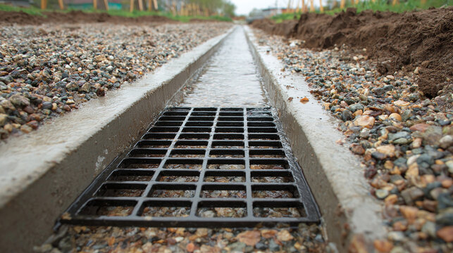 Concrete channel drain with metal grate at gravel-lined trench representing drainage solution to manage surface water.