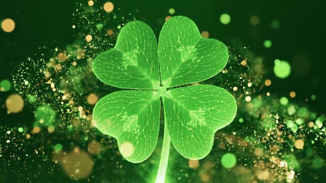 Radiant four-leaf clover surrounded by golden sparkling lights
