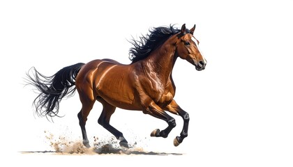 Obraz premium Majestic Brown Horse Galloping Freely on White Background.