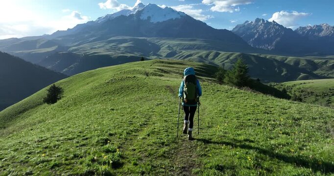 Aerial footage of woman backpacking in the beautiful flowering grassland and forest mountains, slow motion
