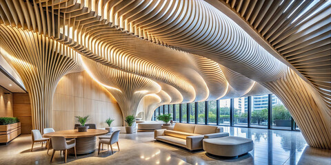 The scene shows a spacious area with unique wooden designs on the ceiling and walls. There are modern chairs, a round table, and large windows letting in daylight