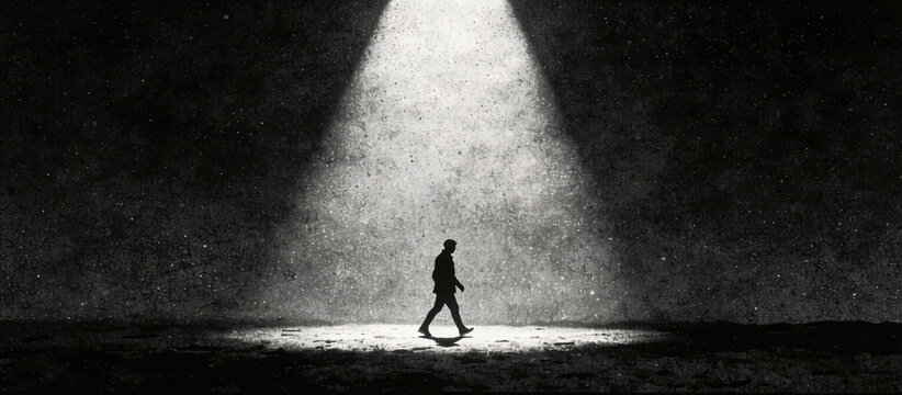 A minimalist silhouette of a lone figure walking across a vast dark landscape under a single blinding spotlight with heavy stippled texture and gritty film grain. Monochromatic high contrast lo-fi noi