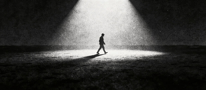 A minimalist silhouette of a lone figure walking across a vast dark landscape under a single blinding spotlight with heavy stippled texture and gritty film grain. Monochromatic high contrast lo-fi noi