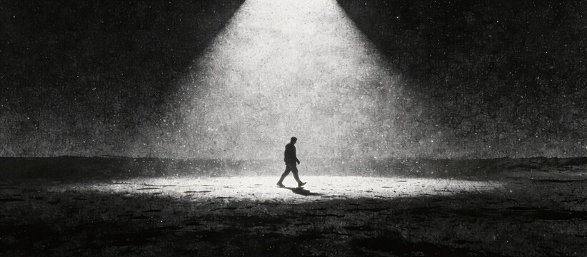 A minimalist silhouette of a lone figure walking across a vast dark landscape under a single blinding spotlight with heavy stippled texture and gritty film grain. Monochromatic high contrast lo-fi noi