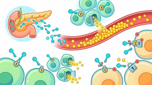 Detailed illustration of blood glucose regulation Pancreas producing insulin and its action on cellular glucose uptake