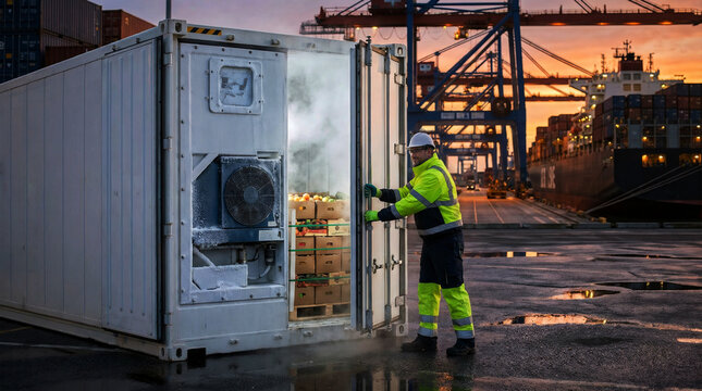 Worker opening refrigerated shipping container with fresh vegetables at industrial port during sunset, cold chain logistics concept