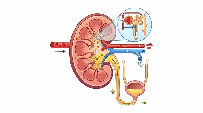 Medical diagram showcasing human kidney structure, blood filtration, urine formation, and the entire excretory system