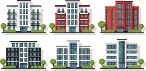 Modern apartment building designs in various styles and colors vector illustration © Rafika