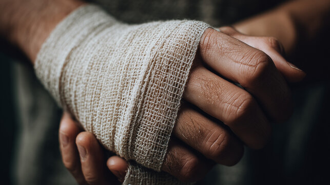 Ai Person with a bandaged hand holding their fist tightly in a dark room showing strength and resilience