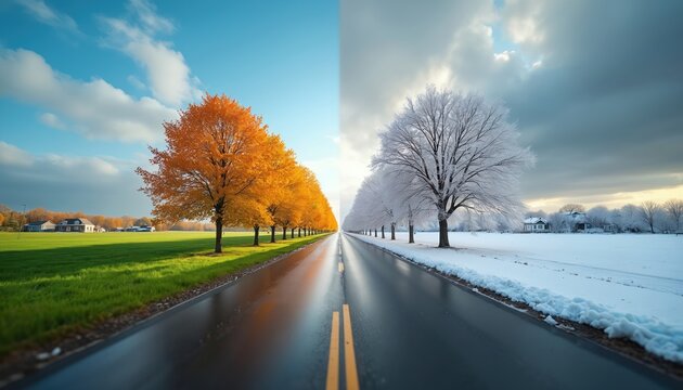 Road splits into autumn fall and winter snow scenes. Orange trees contrast with bare iced branches. Blue sky meets grey clouds over changing landscape.