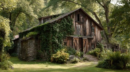 Rustic wooden barn surrounded by lush greenery in serene forest setting