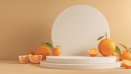 Refreshing summer product display with vibrant oranges and citrus slices on elegant white pedestals against a minimalist backdrop, perfect for natural beauty or food mockups