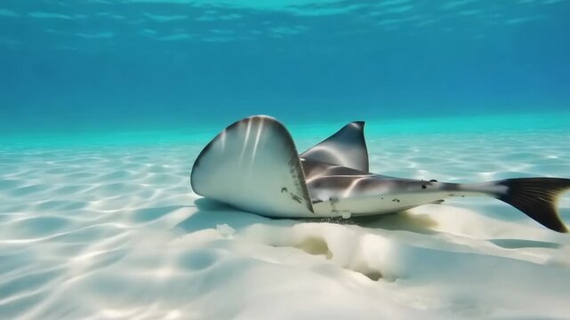 Graceful stingray gliding over white sandy ocean floor in crystal clear turquoise water in the bahamas