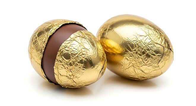 Two golden chocolate eggs wrapped in shiny foil with a brown ribbon around one of them
