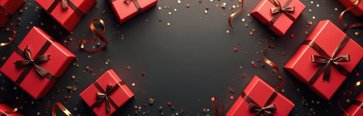 Obraz premium Many red gift boxes with dark ribbons scattered on dark surface with golden confetti and streamers. Festive arrangement for special occasion celebrations like birthdays holidays or anniversaries.