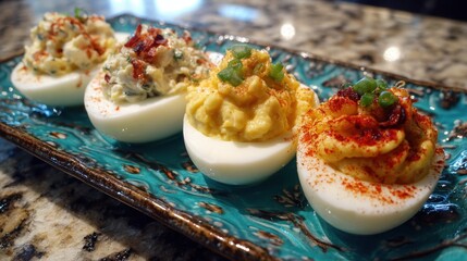 Mexican Street Corn Deviled Eggs. Variety of delicious deviled eggs on a decorative plate