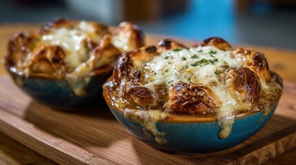 Savory french onion soup with melted cheese topping in rustic bowls