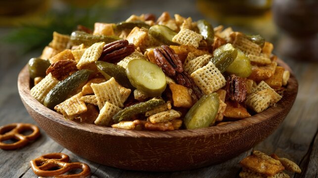 Savory snack mix with pickles, pretzels, and nuts in a wooden bowl